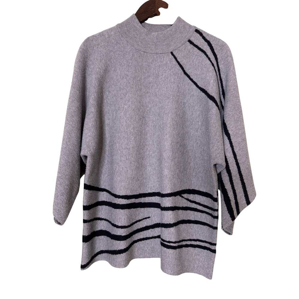 Calligraphie Women's Gray Black Abstract Mock Neck Kimono Sleeve Sweater Size S